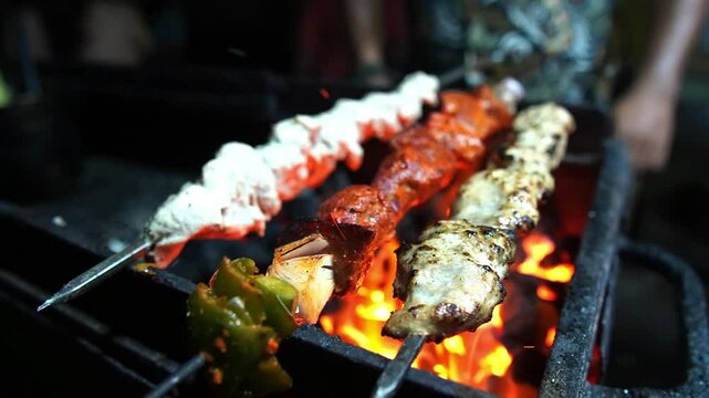 Different kebabs of chicken like reshmi, malai and hariyali kabab in skewers over barbeque getting fried in India.