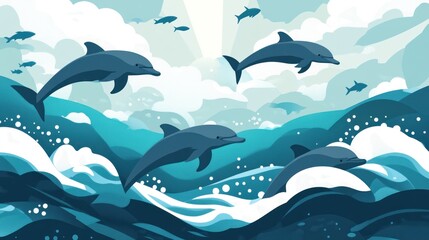 Fototapeta premium Four dolphins leap playfully over ocean waves under a bright sky.