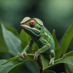 Obraz premium A baby chameleon on a leaf, blending with its background.