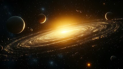 Glowing spiral galaxy with planets and stars in deep space.