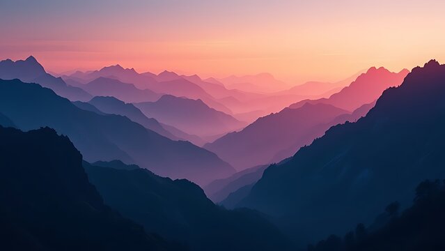 Distant mountain peaks layers at sunrise. Pattern of mountains silhouettes against orange sky in Dolomites.