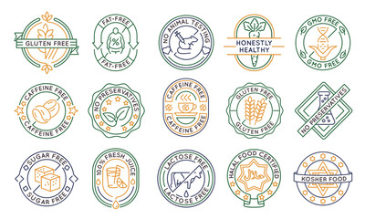 Product logos, labels, icons. A set of 15 product logotypes. Gluten free, sugar free, halal, kosher, lactose free, fat free food. Ideal for health food and product. Vector illustration