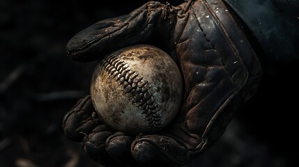 Fototapeta premium Leather glove cradling an aged baseball dramatic shadows and dark atmosphere
