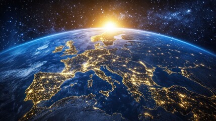 Fototapeta premium Sunrise over Europe, Earth at night, city lights, continents, globe.