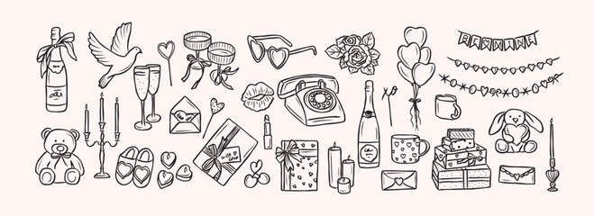 Hand drawn romantic elements collection. Whimsical illustration
