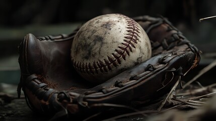 Old baseball in a cracked leather glove dramatic composition with dark backdrop