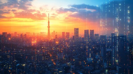 Fototapeta premium Stunning sunset over a futuristic city skyline with digital data streams.