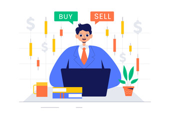 Trader Vector Illustration Featuring Financial Trend Evaluation, Data Analysis, Traders Analyzing Charts, Candle Bars, and Graphs on Digital Devices