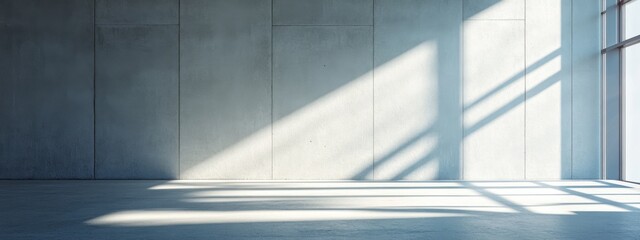 Sunlight Streams Through Industrial Window: A minimalist interior design aesthetic, featuring a concrete wall, a large window and dramatic beams of sunlight, creating a sense of space, serenity.