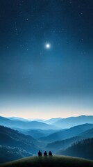 Tranquil Night View of Mountain Landscape with Three Silhouetted Figures Gazing at the Starry Sky and Bright Celestial Body Above the Horizon