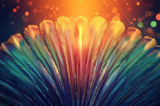 Vibrant display of iridescent peacock tail feathers against a colorful bokeh backdrop. Generative AI