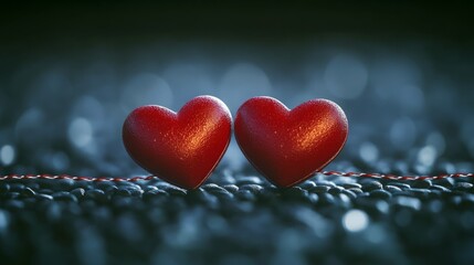 Fototapeta premium Two red hearts connected by a thin string, resting on dark pebbles. A romantic image.