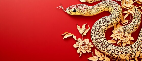 Obraz premium Chinese New Year Theme, A snake is on a red background with flowers