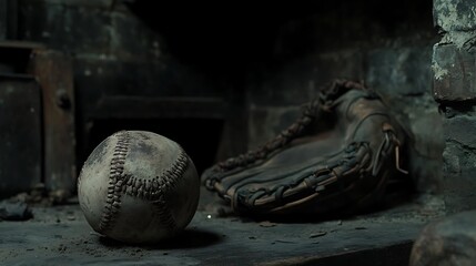 Classic sports equipment aged baseball and glove in a dimly lit setting