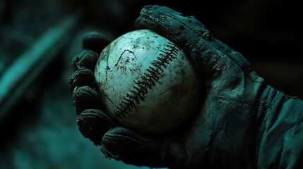 Artistic focus on a vintage ball and glove in low light dark moody tone