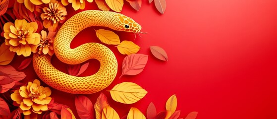 Fototapeta premium Chinese New Year Theme, A yellow snake is surrounded by orange leaves and flowers