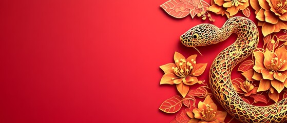 Obraz premium Chinese New Year Theme, A snake is curled up on a red background with orange flowers