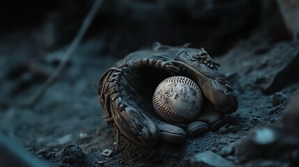 Timeworn glove resting with a scuffed baseball low light moody atmosphere