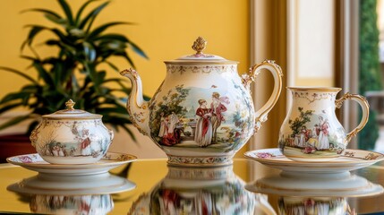 Elegant porcelain tea set with hand-painted pastoral scene, displayed on a reflective surface.