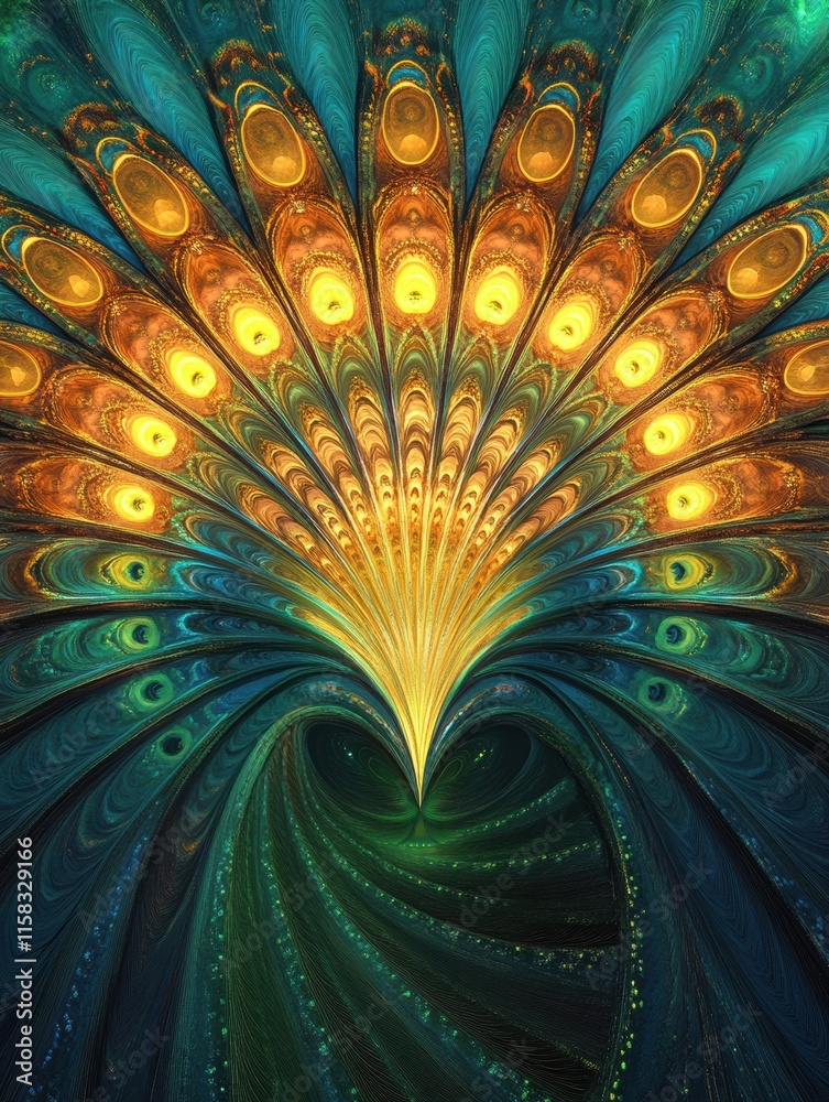 Fototapete Fan like display of vibrant peacock tail feathers showcasing intricate patterns and colorful details in an artistic setting. Generative AI