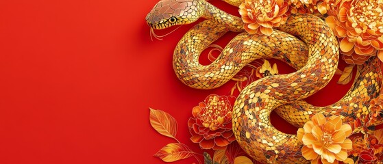 Obraz premium Chinese New Year Theme, A snake is curled up on a red background with flowers