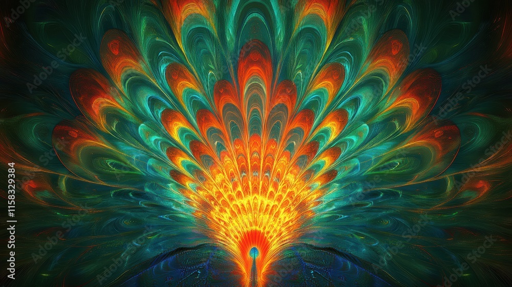 Fototapete Vibrant display of fan like peacock tail feathers in vivid colors with ample copy space for text. Generative AI