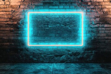 Neon Blue Rectangle on Brick Wall 