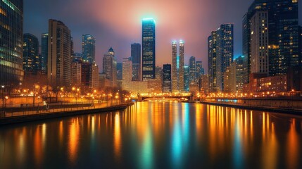 Fototapeta premium Night cityscape with river reflection, illuminated skyscrapers, urban skyline.