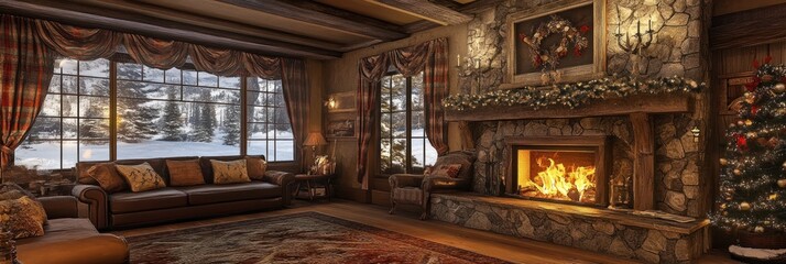 Obraz premium Cozy rustic living room with fireplace, Christmas tree, and snowy winter view.