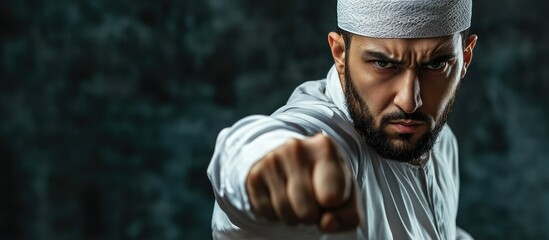 Muslim man in traditional attire engaged in a mock battle showcasing determination and strength with space for text overlay