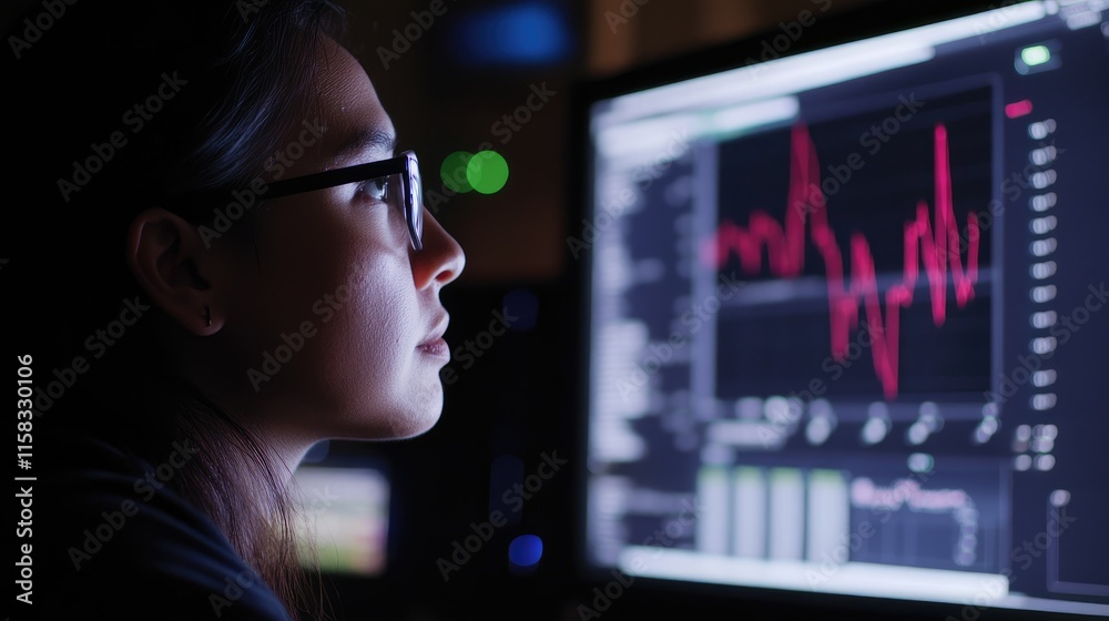 Poster focused individual analyzing data trends on a computer screen in a dark environment, emphasizing con