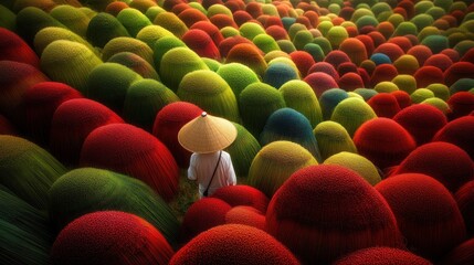 Obraz premium Person in conical hat amidst vibrant, colorful mounds.