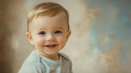 Naklejka premium Smiling baby portrait with soft blurred background capturing innocence and joy in a serene setting