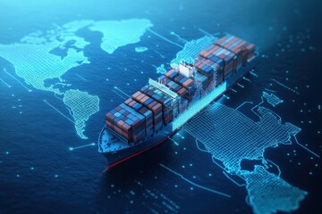 Container Ship in Digital Ocean with World Map Background Representing Global Trade and Logistics, Technology Integration for Modern Shipping Solutions