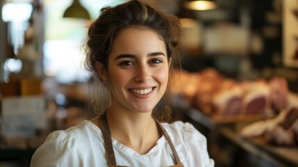Smiling female butcher posing in a traditional meat shop with various cuts of meat in the background showcasing her expertise and friendly demeanor