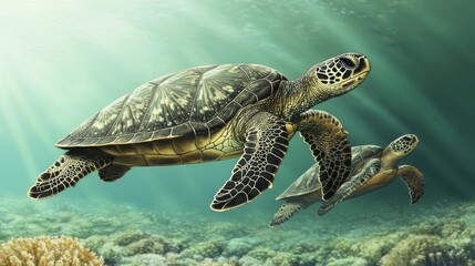 Graceful Turtles Gliding Through Sunlit Coral Reef