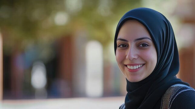 Smiling female educator wearing hijab outdoors with laptop promoting modern teaching and cultural diversity in education - Powered by Adobe