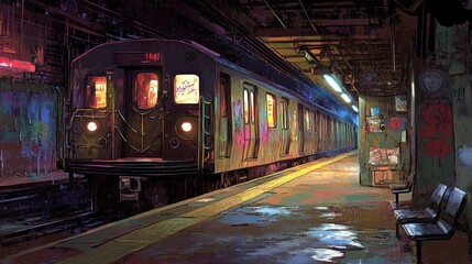 Obraz premium Subway train at night in a dimly lit station with graffiti.
