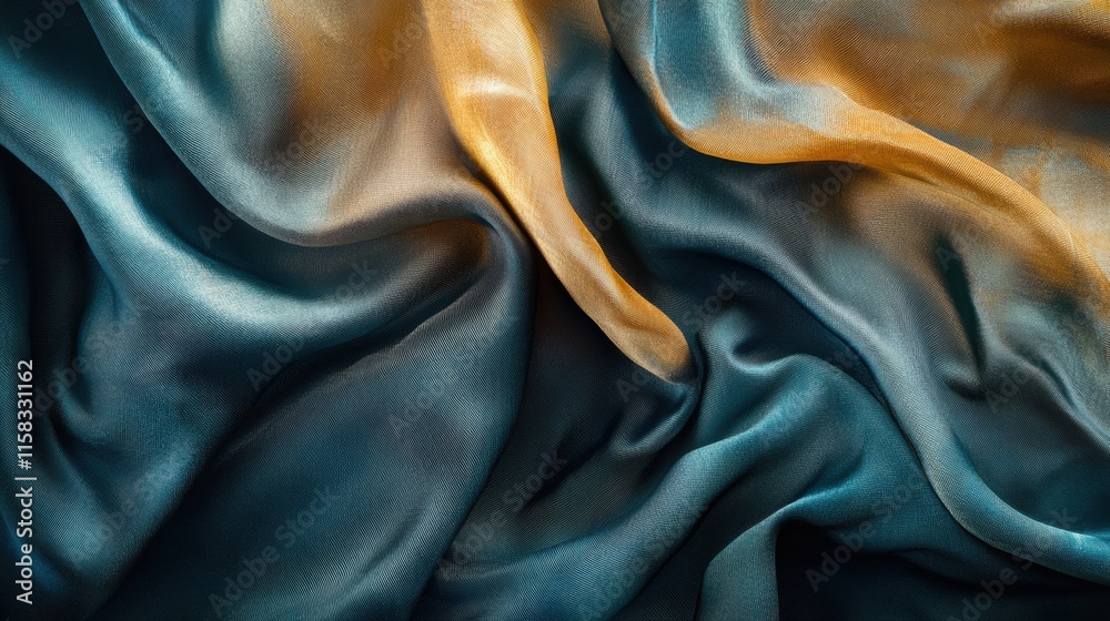 Poster Luxurious silk fabric in deep teal and warm gold with ample copy space for elegant design mock up. Generative AI