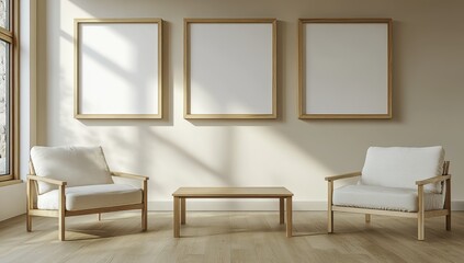 Sunlit Living Room Mockup: Three empty frames on a wall, two armchairs, and a coffee table in a minimalist living room bathed in natural sunlight. Perfect for showcasing artwork, prints, or designs. 