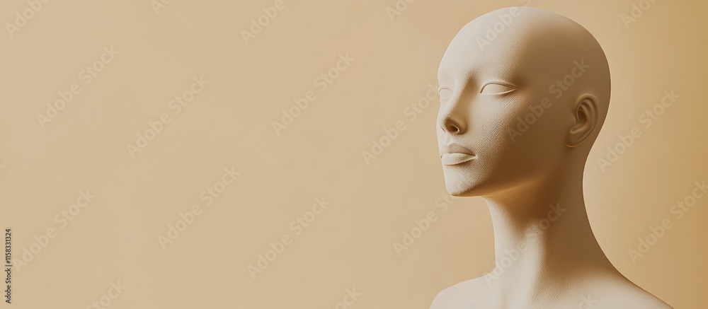 Poster beige elegant mannequin portrait on soft background with ample empty space for customizable text or 