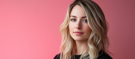 Naklejka premium Blonde woman with ombre hair against pink background showcasing soft facial features and ample space for text integration