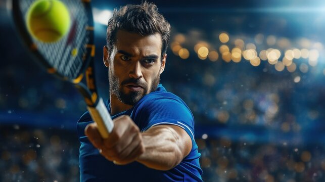 Focused male tennis player intensely hitting a forehand in a stadium.