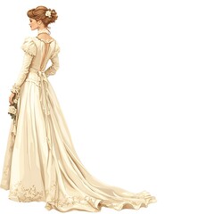 Fototapeta premium Elegant Woman in Vintage Wedding Gown from Behind, White Background.