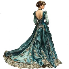 Fototapeta premium Elegant Woman in Teal Victorian Gown, Back View, Vintage Fashion Illustration.