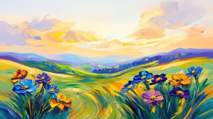 Fototapeta premium Vibrant floral landscape painting with rolling hills and sunset sky.