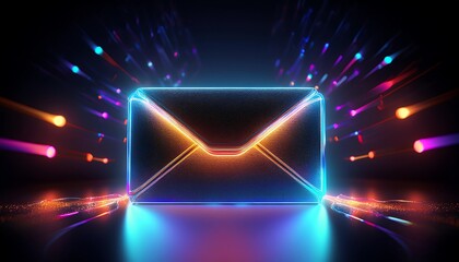 A glowing, futuristic envelope with colorful light trails, symbolizing digital communication and connectivity.