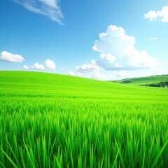 Obraz premium A vast field of emerald grass stretches out into the horizon , wide open spaces, rolling hills