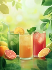 healthy eating, drinks, diet and detox concept - glasses with different fruit or vegetable juices and food on table over green natural background