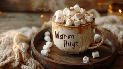 A cup of hot cocoa topped with marshmallows and the text "Warm Hugs" in cozy handwriting, placed on a wooden tray, valentine themed background, brown and cream palette, love relationship